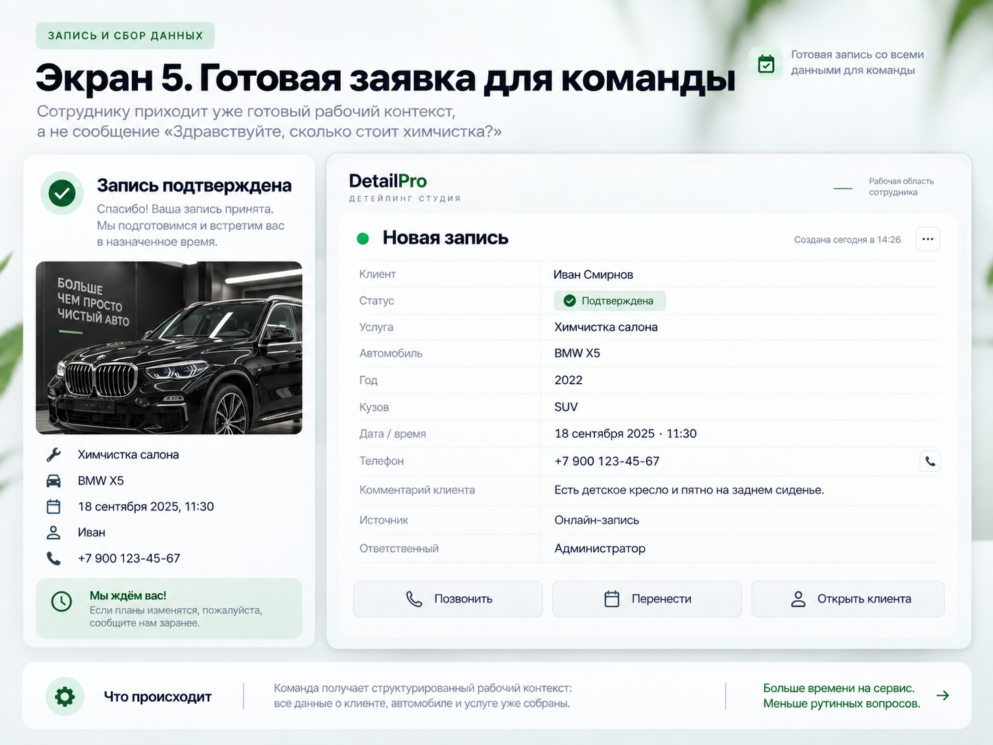 Рабочая карточка записи для команды с данными клиента, автомобиля и комментарием