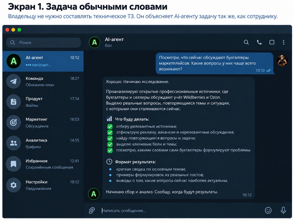 Экран 1. Владелец ставит AI-агенту задачу исследования обычным языком