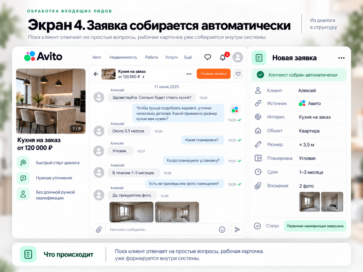 Переписка в Авито и автоматически собранная карточка новой заявки