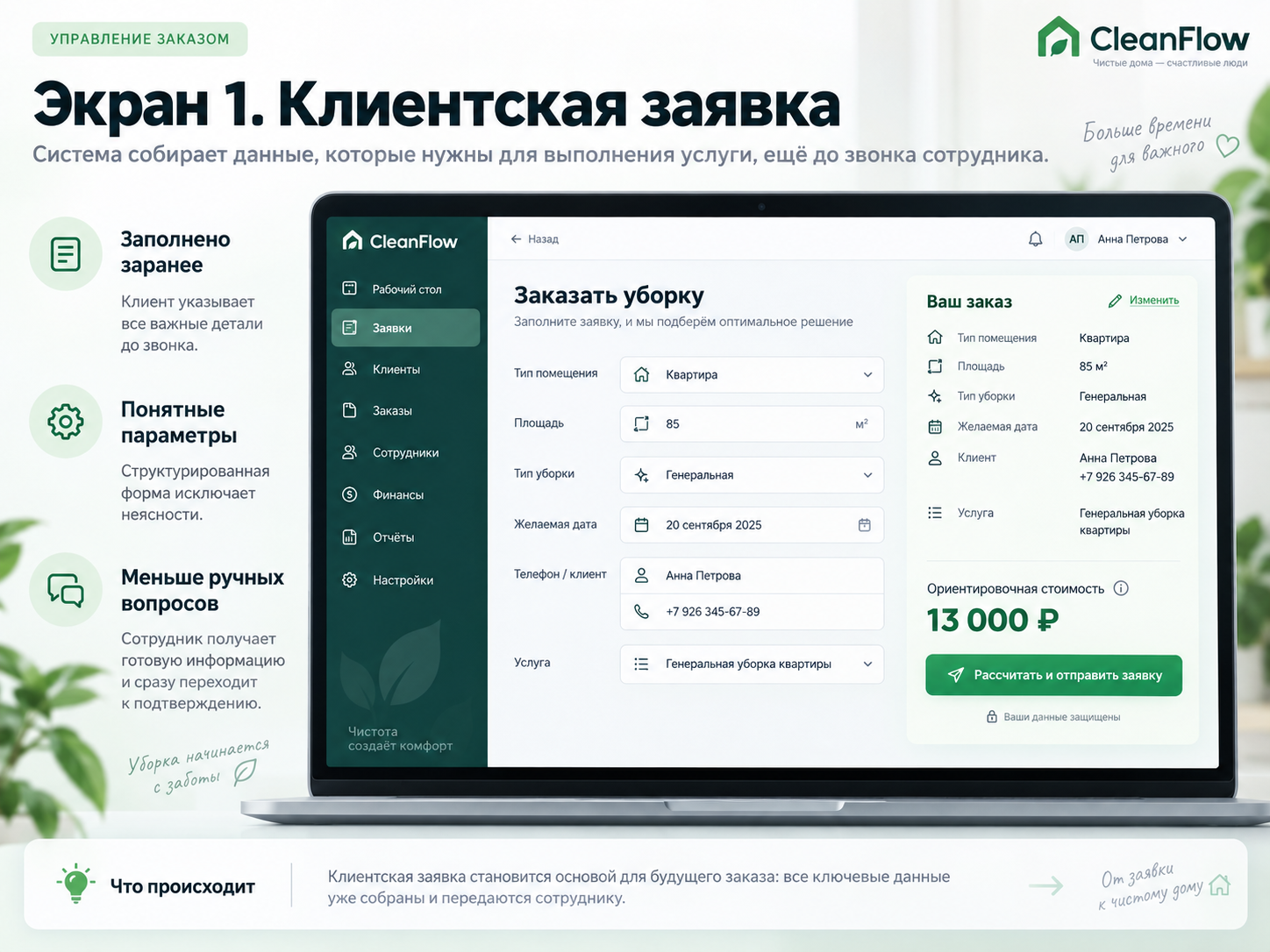 Форма заявки на уборку: тип помещения, площадь, вид услуги, дата и ориентировочная стоимость